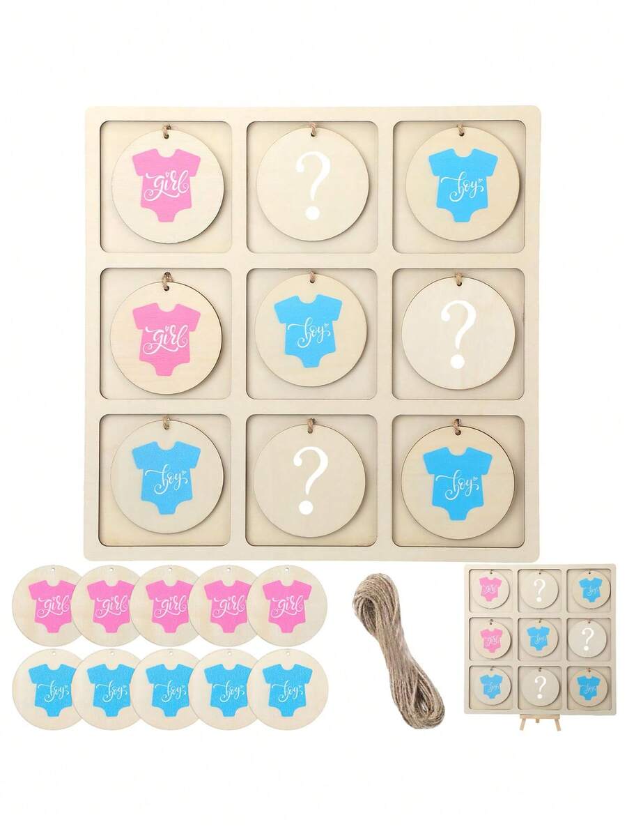 13pcs/Set Gender Reveal Board Game, Includes 10 Game Tokens, 1 Roll Of String, 1 Stand, Funny Baby Shower Party Supplies For Boy Or Girl, Tabletop Decoration (T-Shirt)