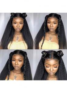 180% 密度 13x4 蕾丝前假发，卷曲直发，真人发预拔毛直发假发，适合女性，自然色，卷曲直发 Yaki 直发真人发假发 - 180% 密度假发，预拔毛假发，外观自然，易于打理，真人发假发，Yaki 直发设计，时尚风格，适合女性，自然外观，适合生日派对、婚礼（波波头假发 8-16 英寸） - SNatural - 查看 5