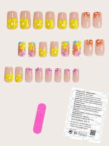 Mejora tu apariencia instantáneamente con 24 uñas postizas de tamaño mediano y forma cuadrada. Diseño de flores amarillas y color albaricoque para y verano. Uñas postizas de cobertura completa para mujeres y niñas, incluye 1 hoja de pegatinas adhesivas y 1 lima de uñas mini. Adecuado para fiestas, citas y uso diario en la oficina. Se envía aleatoriamente con pegamento de gelatina. - Multicolor - Ver 2
