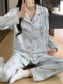 2 pièces Ensemble de pyjama pour femme, motif ours bleu, pantalon à simple boutonnage, manches longues, ample, vêtement de nuit et d'intérieur convenant pour un usage domestique. Ensemble de pyjamas femme à manches longues, adapté pour le printemps et l'automne. - Bleu et Blanc - Voir 6