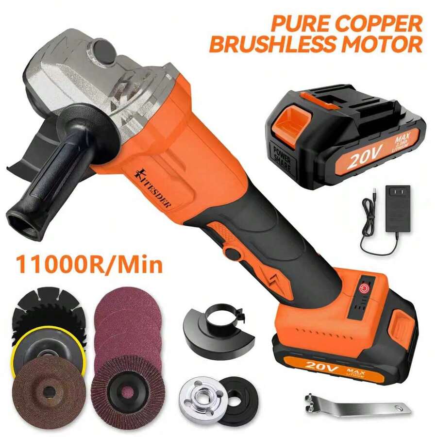 Cordless Angle Grinder With 2.0Ah Battery, A Multi-Purpose Machine. 20V Brushless Motor 4-1/2" 11000 RPM, 6 Dics For Cutting, Grinding And Polishing