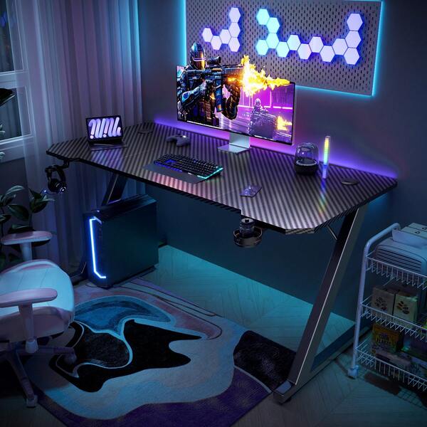 Devoko Gaming Desk, Carbon Fibre Covered Computer Desk, Gamer Workstation With Headphone Hook, Cup Holder And Gamepad Storage Rack