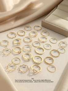 28pcs Heart Shaped Geometric Boho Style Rhinestone Accent Minimalist Wave Knuckle Rings, Suitable For Women's Daily Wear, Dates, Parties, Valentine's Day, Anniversary, Gifts For Girlfriends, Friends, Parties, Street Style (Includes Size Chart, Do Not Forcefully Bend, Purchase Carefully) - 金色 - 查看 3