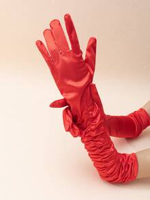 1 Pair Plain Ruffle Long Formal Gloves For Wedding Party - Red-235 - View 3