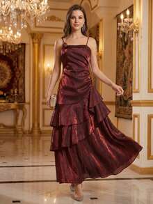 Burgundy Metallic Wedding Guest Dress Elegant 3D Rosette Tiered Ruffles Cami Maxi Gown Luxury Evening Prom Party Dress - Burgundy - View 4
