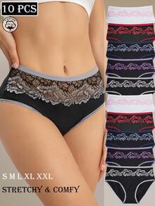 10 Peças/Pacote Calcinhas Elegantes de Cintura Alta com Estampa Floral Feminina, Suave, Respirável, Elástica e Confortável para Uso Diário com Acabamento em Renda - Multicolorido - Visão 4