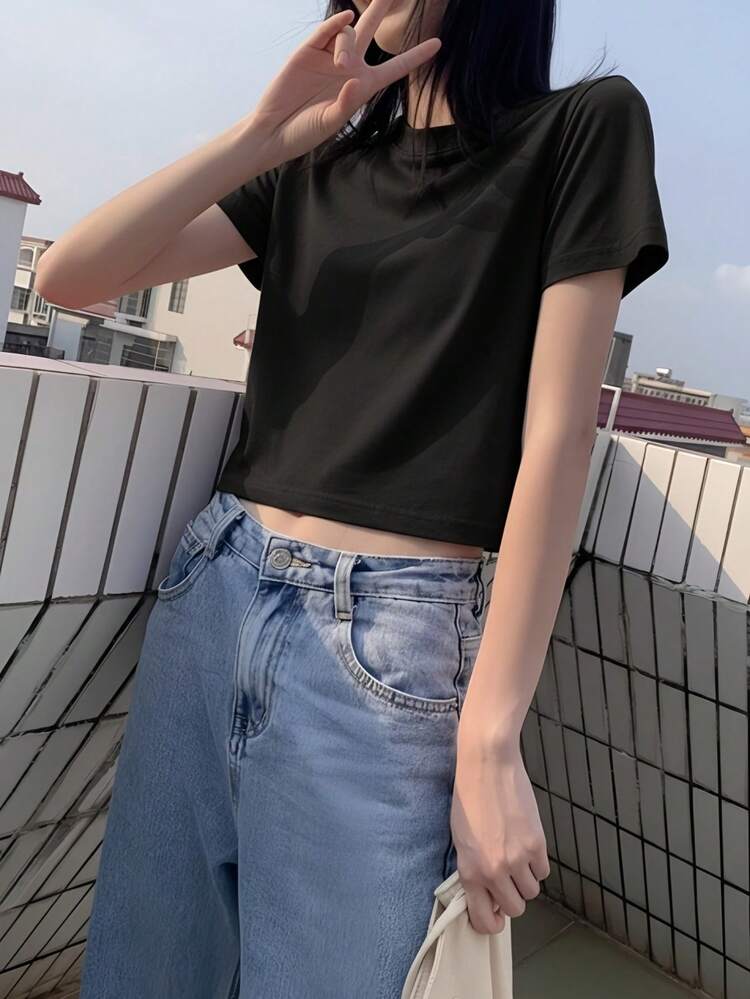 Áo thun ngắn tay, màu trơn, kiểu dáng mùa hè mới, dáng ôm, đa năng, cổ tròn, màu đen, phong cách thường ngày. - màu đen - Xem 4