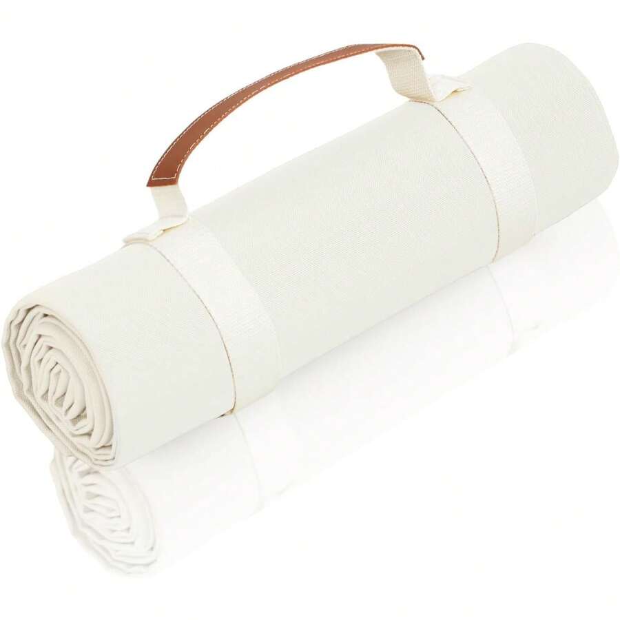 Manta de Picnic Blanca Extragrande de 121.92 cm x 182.88 cm 17.78 cm, Resistente al Agua, Manta de Playa de Parque al Aire última intervensión, tapete de Camping, Lona - Correa de hombro blanca cremosa + lila - Ver 1