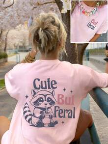 女士新款简约可爱图案休闲度假风宽松百搭圆领短袖T恤，时尚日常上衣，适合日常度假穿着。女士新款夏季活力少女风浣熊印花宽松粉色T恤。适合情人节、开学季、教师节等节日穿着。字母印花短袖T恤，柔软宽松舒适，高端街头风休闲百搭短袖上衣 - 粉色 - 查看 3