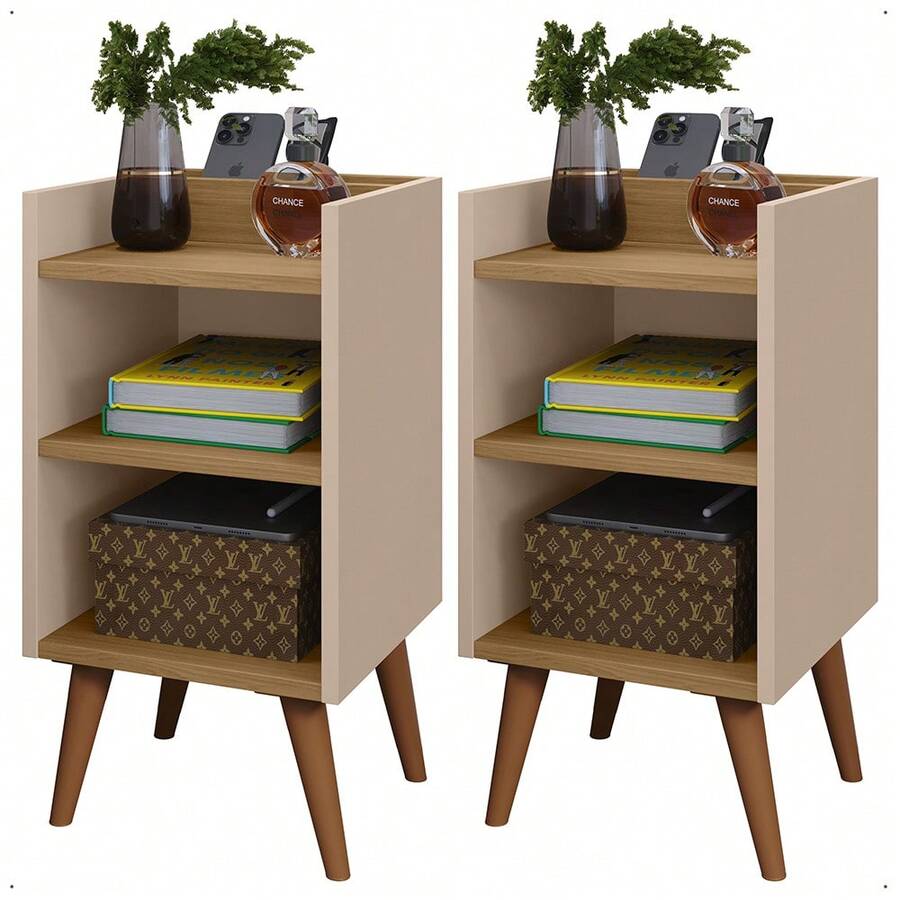 Kit With 2 Units Of Bedside Tables With Retro Legs And Cell Phone Holder And Compact Bedroom Organizer Max - 咖啡棕 - 查看 1