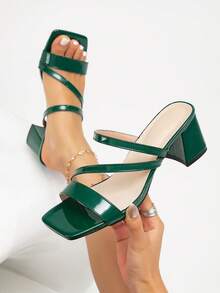 Sandal nữ màu xanh lá cây bằng da PU, hở mũi, đế dày, dễ phối đồ, phù hợp đi làm, công sở, dự tiệc, công tác, mùa xuân/hè. - Màu xanh lá cây đậm - Xem 6