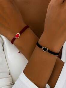 Bộ 1/2 vòng tay bện hình trái tim cổ điển, thiết kế hình giọt dầu màu đỏ và đen, thích hợp cho các cặp đôi và bạn thân, phù hợp để đeo hàng ngày, dự tiệc, ngày Valentine, vòng tay nữ phong cách Trung Đông thanh lịch và tinh tế. - Trái tim - Xem 2