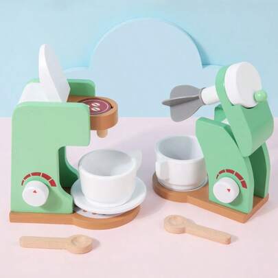 Kids Wooden Coffee Maker & Mixer Toy Set, Suitable For Boys And Girls Pretend Play Kitchen Toys, Role Play Toys For Parent-Child Interaction, Children's Birthday & Holiday Gift