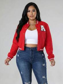 Plus Size Casual Varsity Jacket Long Sleeve Knitted Fabric Baseball Collar For Party - Đỏ - Xem 1