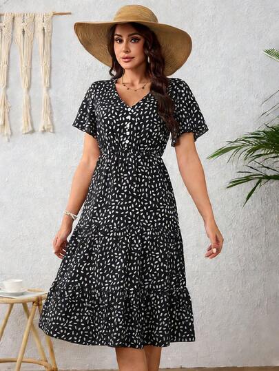 Vestido Largo Para Mujer,Vestido Estampado,Vestido Cuello en V Y Botones,Vestido Manga Corta,Vestido Con Volantes