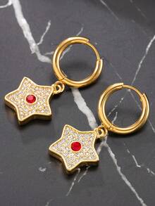 2只时尚嘻哈风不锈钢男士星形水钻耳环，适合男士日常穿搭、节日、约会、订婚、婚礼、送礼等场合。 - 金色 - 查看 3