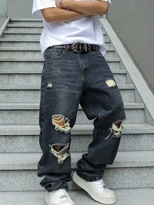 Men's Ripped Jeans Relaxed Fit Straight Leg Distressed Vintage Denim Pants Y2K Hip Hop Skater Streetwear Casual Trousers - 深色水洗藍 - 查看 5