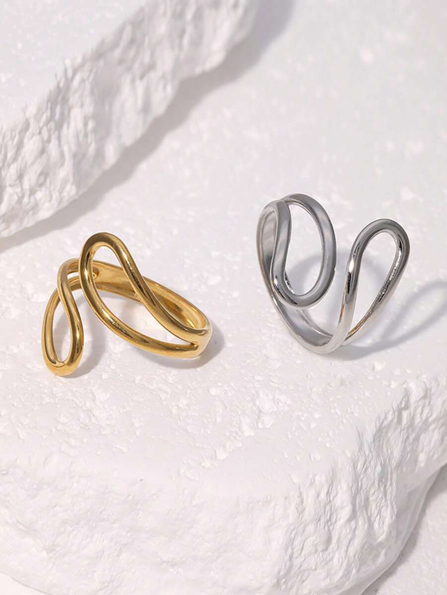1枚时尚简约小众高端镀层不锈钢几何线条开口戒指，适合女性日常、派对和约会佩戴。 - 彩色 - 查看 1
