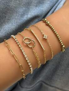 6-częściowa elegancka bransoletka z cyrkonii sześciennej z czterolistną koniczyną i podwójnym pierścieniem, wielowarstwowa, koraliki CCB w kolorze złotym, modna biżuteria damska, odpowiednia do noszenia na co dzień, idealny prezent dla niej - Żółte złoto - Zobacz 1