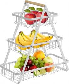 2-Tier / 3-Tier Convertible Fruit Basket Stand - Reinforced Detachable Metal Storage Rack With Wood Handle, Rustproof Ventilated Countertop Organizer For Fruits Vegetables Bread Snacks, Pantry Kitchen Gift Set For Home & Outdoor Picnic.Tiered Fruit Stand, Kitchen Counter Organizer, Pantry Storage Rack, Foldable Wire Basket, Rustproof Kitchen Rack, Ventilated Food Display, Detachable Shelf Organizer, Wood Handle Basket, Space Saving Kitchen, Gift For New Home - 白色 - 查看 12