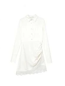 Women's Solid Color Elegant Casual Woven Fabric Front Button Lace Patchwork Ruffle Waist Shirt Collar Dress, Suitable For Office Wear In Autumn And Spring White - White - View 7