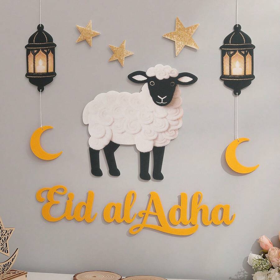 Bộ trang trí tiệc Eid al-Adha hình cừu/dê đen trắng dễ thương, gồm decal dán tường hình mặt trăng và sao bằng vải nỉ và đồ trang trí treo. - Eid al-Adha - Xem 1