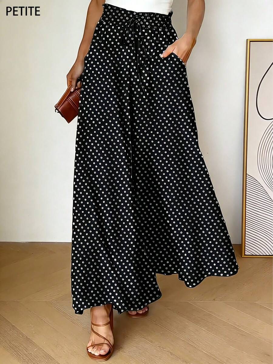女士波点抽绳腰带休闲百搭阔腿裤，适合日常穿着