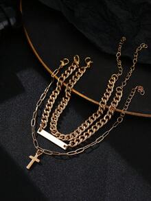 3pcs Layered Chain Bracelet, Classic Safety Pin, Paperclip Layered Mixed Design, Creative Cross Charm Men Jewelry - Yellow Gold - View 7