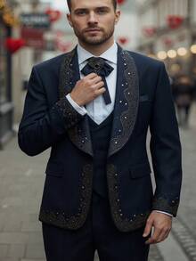 3 Piece Men's Suits, Rhinestone Embellished Shawl Collar Tuxedo, Slim Fit Formal Blazer With Vest And Pants, For Wedding Party Prom Groomsmen - 藏蓝色 - 查看 3