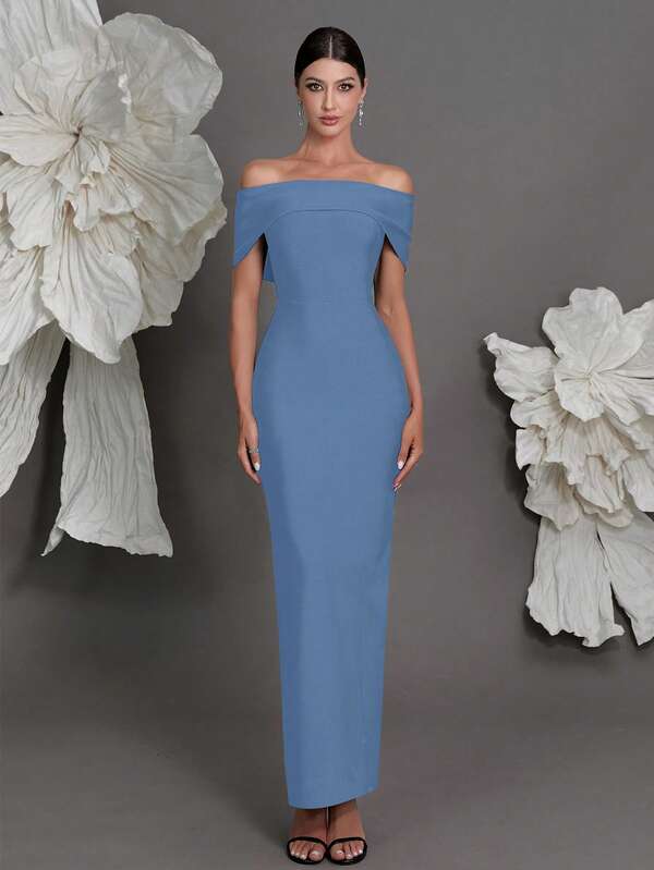 露肩绷带针织紧身连衣裙，奢华欧式风格，修身铅笔裙，适合家庭聚会、派对、宴会等场合。