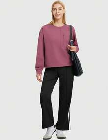 baleaf Women's Fleece Lined Cropped Sweatshirt Thermal Loose Fit Pullover Long Sleeve Running Athletic Top With Pocket - Hoa hồng khô 18-1718TCX - Xem 5