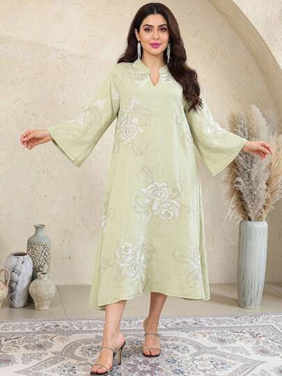 2026 New Style Ramadan Traditional Elegant V-Neck Floral & Butterfly Embroidered Arabic Dress JALABIA