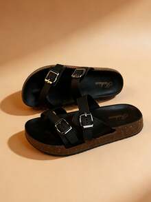 A Pair Of 2026 New Women's Casual Buckle Slippers, Thick Soled Toe Clip On Sandals, Comfortable Beach Women's Shoes - Black - View 3