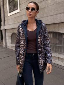 Giolshon 女士双面连帽外套，双面奶油黄印花设计，适合秋冬春季休闲时尚叠穿。 - 藏藍豹紋 - 查看 7