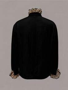 1pc Leopard Print & Solid Polyester Button Front Splice Collar Blouse, Suitable For Daily Wear And Festivals, Spring, Summer, Autumn Black - Black - View 3