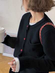 女士休闲简约韩版撞色纽扣圆领毛衣开衫，秋冬款 - 黑色 - 查看 5