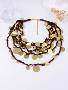 1pc Luxury Design Waterfall Geometric Sequin Round Pendant Multi-Layer Braided Rope Necklace For Women - Gold - View 3