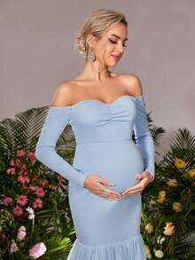 Faeriesty Đầm maxi dài tay trễ vai màu xanh nhạt thanh lịch dành cho bà bầu, chi tiết nhún bèo ở ngực tạo điểm nhấn nữ tính (tạo hiệu ứng xếp lớp), thích hợp cho đám cưới mùa xuân, lễ kỷ niệm Ngày của Mẹ. - Màu xanh nhạt - Xem 5