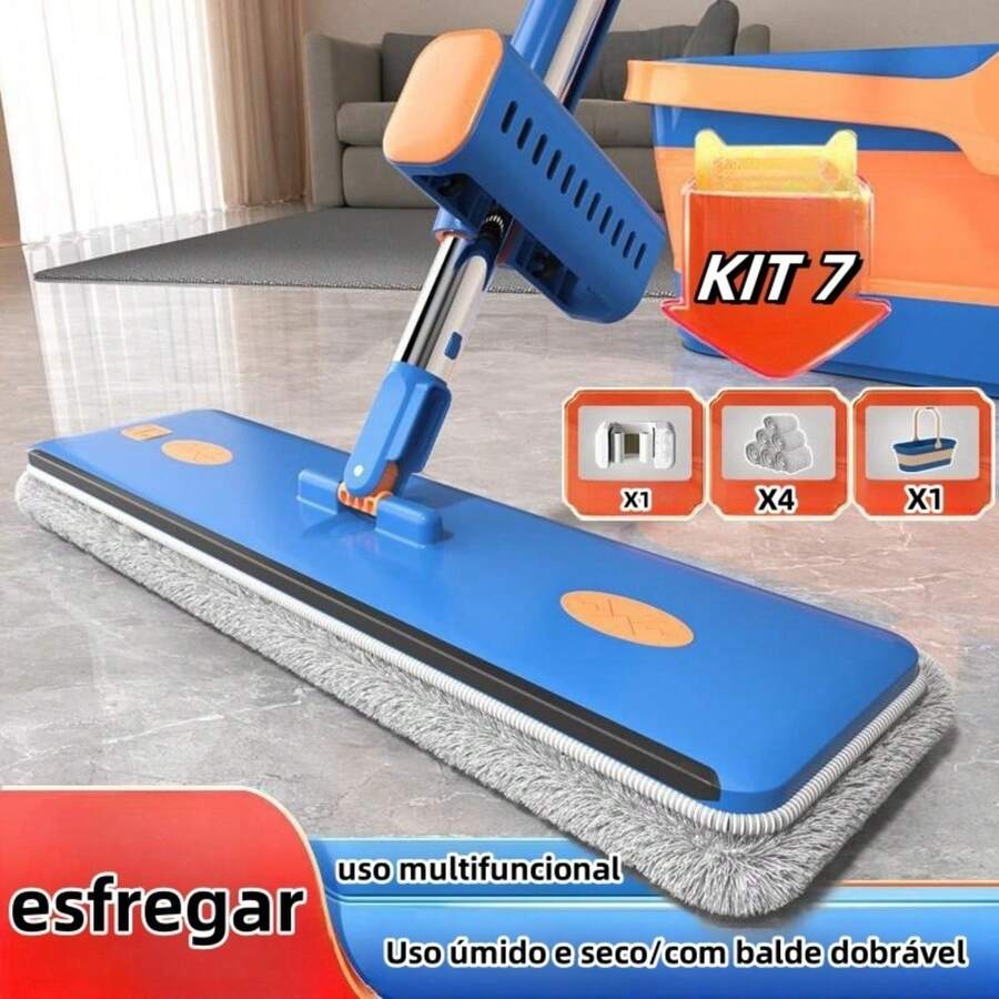 1Set Conjunto Esfregão de Microfibra com Balde Dobrável, Raspador e Desidratação - Azul, Rodízios na Base, Gancho + Sacola de Entrega, Ideal para Limpeza Residencial em Cozinha, Sala e Quarto - A - Visão 1