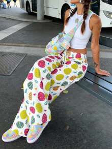 Pantalones de pierna ancha con estampado de huevo LOVE JOYY para mujer, pantalones casuales sueltos, adecuados para el uso diario de primavera y fiestas de Pascua - Multicolor - Ver 4