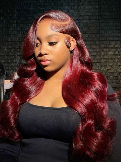 ZHUICHAO Burgundy Reddish Body Wave Lace Front Wig For Women - Heat Resistant Synthetic Human Hair Blended Natural Look 13x4 Large Area Transparent Lace Frontal Weaves Human Blended Hair Wigs With Bady Hair Full Head Coverage With Invisible Lace Cosplay Wigs For Halloween & Christmas All Ethnicities Full Lace Wig Festive Hairpiece Voluminous Waves Comfortable Fit