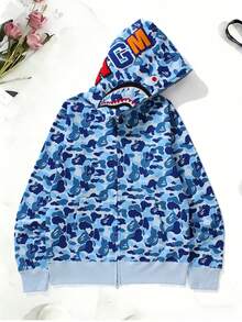 Buzo Oversized Unisex Camuflaje con Diseño de Tiburón Bordado | Cremallera Completa, Corte Moderno | Sudadera Pesada pero Cómoda para Parejas, Estilo Urbano | Ideal para Salidas Informales, Looks de Calle y Combinar en Pareja - Azul - Ver 1