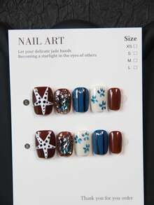 10片手工方形短指甲贴，波点海星图案棕色指甲贴，手绘花卉亚克力美甲贴纸，美甲饰品，可重复使用的不对称图案线条贴纸，闪亮金色铆钉 - 适合女性和女孩，派对、婚礼、日常佩戴、DIY美甲，包含工具包。手工美甲贴纸。假指甲。美甲用品 - 摩卡棕 - 查看 5