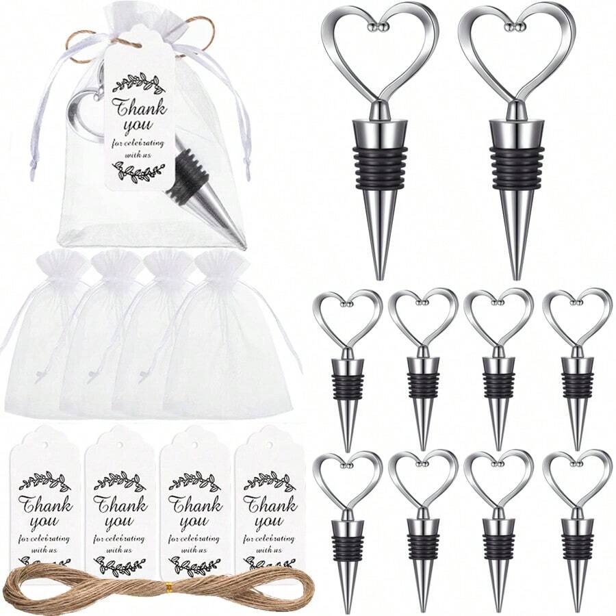 1/3/6 Sets Heart-Shaped Bottle Stoppers Wedding Gifts, Includes Organza Bag, Thank You Card, Linen Rope, Suitable For Weddings, Birthdays, Bridal Showers, Party Favors, Valentine's Day Decor - Multicolor - View 1