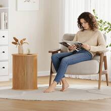 Round Fluted Nightstand, Mid Century Modern Tall Side Table With Storage, End Table With Sliding Tambour Doors, Adjustable Shelf, Small Wood Bedside Table For Bedroom,Living Room,Office - Mustard Yellow - View 2