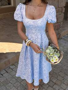 女士春夏优雅方领花瓣袖花卉纹理收腰喇叭下摆中长连衣裙，适合度假、婚礼、派对等场合。 - 藍色 - 查看 2