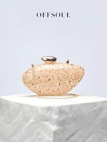 椭圆形鹅蛋形亚克力晚宴包，新款女士派对宴会包，亮片波点硬壳手拿包，配链条肩带 - 棕色 - 查看 3