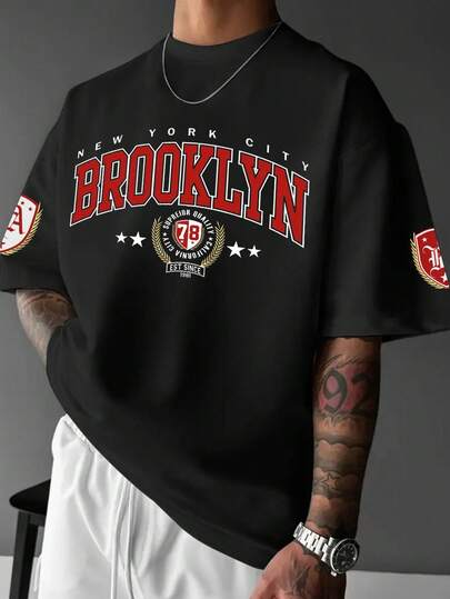 Camiseta de manga corta con estampado retro de temática estadounidense de Brooklyn para hombres, cómoda y transpirable, adecuada para el verano, de moda destacada
