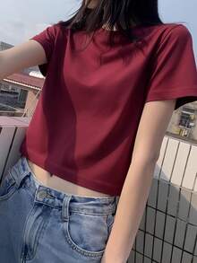 Áo thun ngắn tay, màu trơn, kiểu dáng mùa hè mới, dáng ôm, đa năng, cổ tròn, kiểu áo thường ngày. - Màu Đỏ Sâu - Xem 1