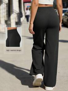 NcmRyu 1pc Women High Waist Elastic Loose Flared Leg Casual Pants - Black - View 1